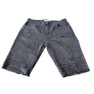 Akademiks Jeanius Mens Distressed Denim Shorts Black Frayed Raw Hem Streetwear